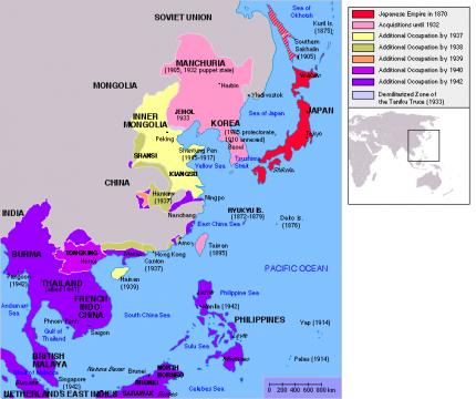 Ausdehnungen des Japanischen Reiches von 1870 bis 1942 Bild: Ausdehnungen des Japanischen Reiches von 1870 bis 1942