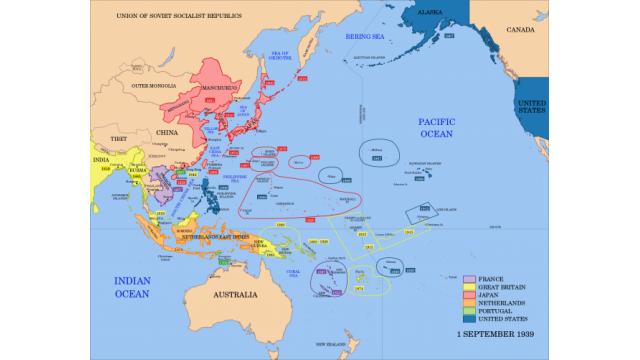 Ausdehnungen der Kolonialreiche im Pazifischen Raum bis 1939 Bild: Ausdehnungen der Kolonialreiche im Pazifischen Raum bis 1939